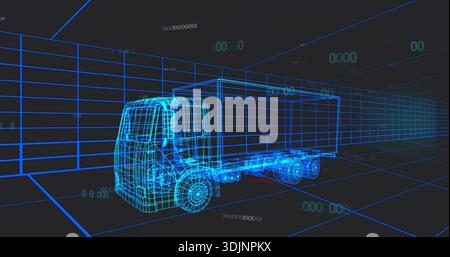 Displaying neon-blue wireframe semi-truck with box trailer on virtual grid, numeric overlays Stock Photo