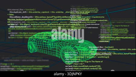 Displaying neon-green wireframe 3D car model rotating in CAD viewport, with code overlay and grid Stock Photo
