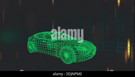 Rotating neon-green wireframe car model moving through 3D grid tunnel, showing reflective floor Stock Photo