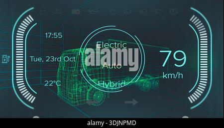 Displaying green wireframe heavy-duty truck with mode selector in 3D chamber, showing speed Stock Photo
