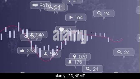 Displaying centered white candlesticks on purple backdrop with red trendline, floating social icons Stock Photo