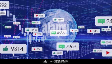 Rotating Earth globe showing analytics in dashboard, with candlesticks, chat bubbles, numeric tags Stock Photo
