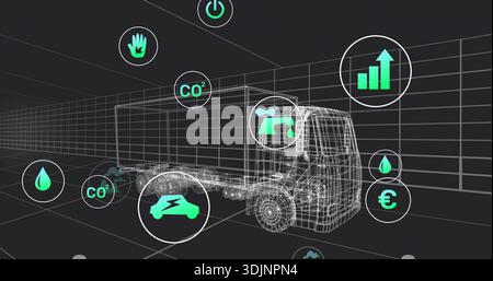 Displaying wireframe truck and trailer floating on 3D grid corridor, showing teal metric icons Stock Photo