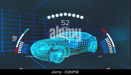 Displaying cyan wireframe sports car rotating in grid tunnel, with HUD showing 52 km or h, 22Â°C Stock Photo