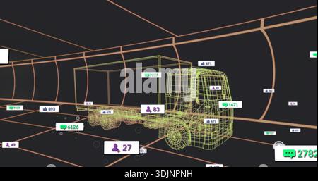 Displaying neon green wireframe truck sitting in tunnel, showing metric badges, chat bubble and box Stock Photo