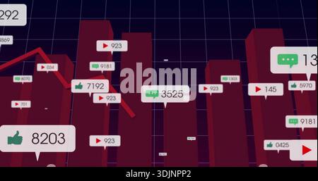 Displaying maroon 3D bar cluster on dark grid plane, showing floating badges and red trend line Stock Photo