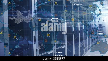 Displaying central server racks with glass doors and LEDs in data center, overlaying world map Stock Photo