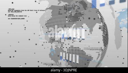 Dominating halftone dotted globe displaying bar charts, code blocks in digital dashboard, with dots Stock Photo