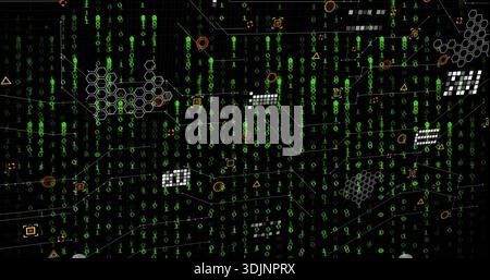 Displaying abstract network map in virtual interface, showing green binary digits, orange nodes Stock Photo