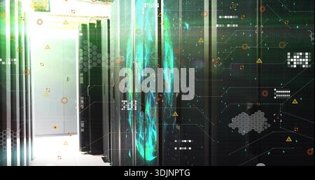Displaying server racks showing teal hologram globe in server room aisle, with access door light Stock Photo