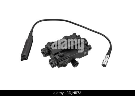 Black tactical laser designator box with remote pressure switch isolated on white. Stock Photo