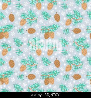 Seamless winter pine cone pattern with green fir branches and snowflakes, cozy hand drawn Christmas illustration for wrapping paper textile and holida Stock Vector