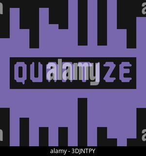 Pixel block style badge with quantize text in a bold retro digital layout on a purple background Stock Vector