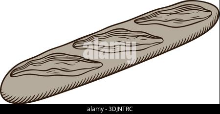 Hand drawn style illustration of a long baguette with scored cuts on the crust Stock Vector