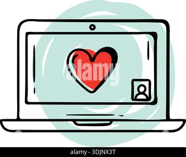 Laptop with red heart and user icon on screen, video call and long distance relationship concept, hand drawn doodle Stock Vector