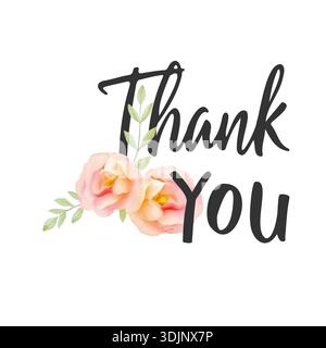 Thank You lettering, beautiful hand inscription with flowers watercolor, Thank you poster in minimalist style, on white background. Vector illustratio Stock Vector