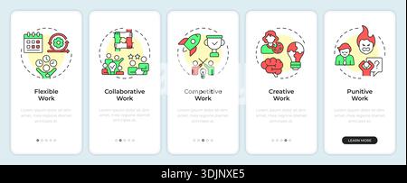 Types of work environment onboarding mobile app screen Stock Vector
