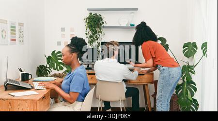 Trio Tech Team Working Together in Modern Office With Plants and Laptops, Collaborating at Desks Stock Photo