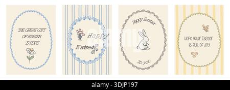 Vintage retro Easter greeting cards with quotes, bunny, flowers and scalloped frames. Hand drawn whimsical vertical banner design with pastel floral Stock Vector