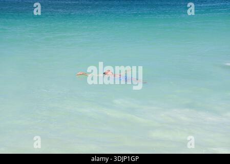 A Tourist Floating in the Sea at a Caribbean Beach in Aruba Stock Photo