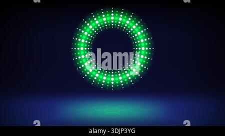 Futuristic technology stage blue green background. Round green dotted led, neon glow. Abstract background displaying products, presentation, advert Stock Vector