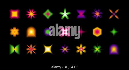 Set of modern abstract shapes in neo brutalism style. Trendy geometric  figures, aura stars, flowers with blurry effect, y2k gradient template element Stock Vector