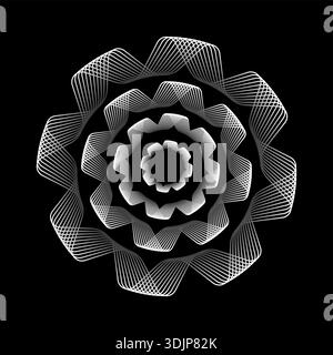 Abstract vector illustration of a geometric white rose or flower with flowing lines. Black background. Elegant line art suitable for backgdrop. Vector Stock Vector