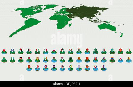 Alphabetically Sorted Asian Maps, Isometric Round Design with Flags. Round Isometric Maps. Stock Vector