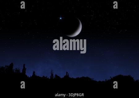 Crescent Moon and star in the night sky. Ramadan festive, Islam religion. Islamic night, Hilal and Eid. This image elements furnished by NASA. Stock Photo