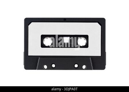 Old cassette tape with blank label isolated on white background. Stock Photo