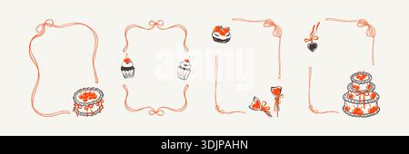 Set of hand drawn victorian style Parisian cafe, patisserie, bakery whimsical coquette frames for menu, poster, invitation design. Coquettish pink rib Stock Vector