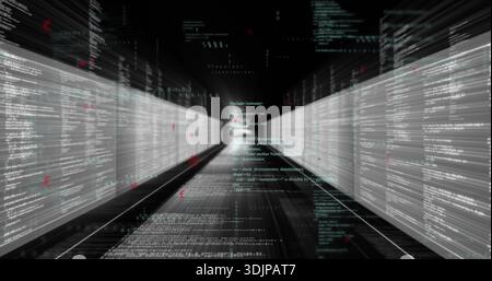 Streaming data tunnel moving through code corridor, with left or right panels, grid floor, red token Stock Photo