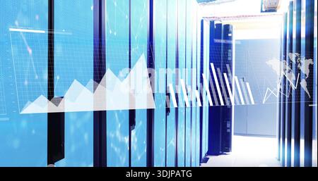 Displaying central server rack aisle in data center, showing blue LED panels and holographic charts Stock Photo