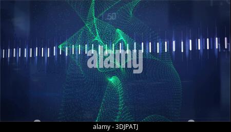 Displaying green dotted particle mesh undulating on screen with white tick bar, numeric label 50 Stock Photo
