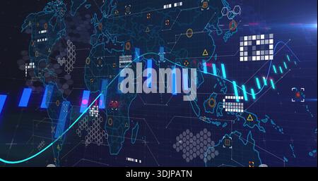 Projecting holographic world map over navy grid, showing cyan line graph, bar charts, node markers Stock Photo