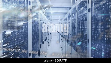 Glowing central server racks bathing data center corridor with LED lights, handles, binary overlay Stock Photo