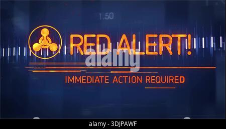 Displaying central alert on digital interface, showing RED ALERT! headline, hazard icon, HUD Stock Photo