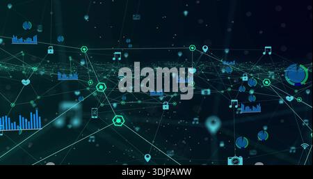 Displaying 3D network mesh on dark teal-blue gradient, showing glowing nodes, hex markers and icons Stock Photo