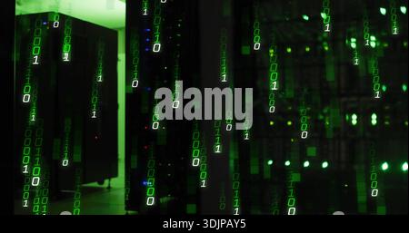 Glowing rack cabinets casting green light over tiled data center floor with binary overlay, LEDs Stock Photo