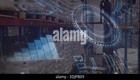 Displaying stacked white sacks on wooden pallets in warehouse aisle, projecting blue HUD overlays Stock Photo