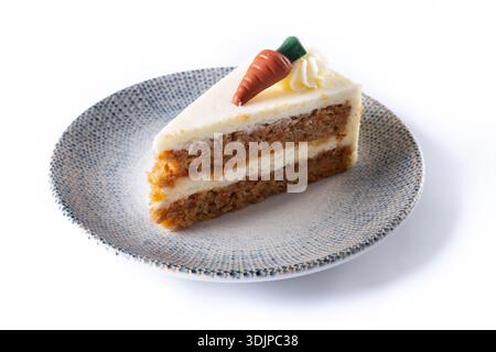 Carrot cake slice with cream cheese frosting isolated on white background Stock Photo