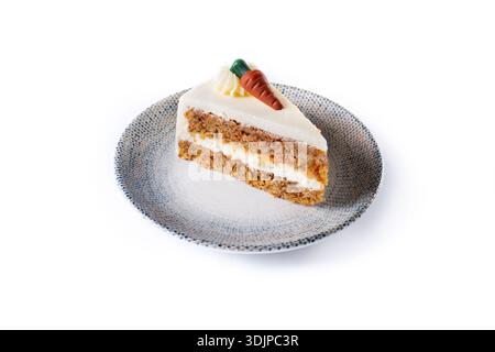 Carrot cake slice with cream cheese frosting isolated on white background Stock Photo