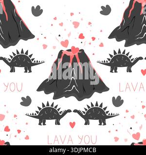 Cute kissing dinosaurs and erupting volcano hand drawn seamless pattern. Romantic Valentine Day background. Vector illustration. Stock Vector