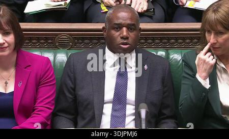 Screen grab of Deputy Prime Minister David Lammy during Prime Minister's Questions in the House of Commons, London. Picture date: Wednesday January 28, 2026. Stock Photo