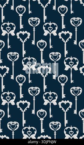 Vector fairy tale seamless pattern with silver keys on dark background. Gothic texture with metal keys. Old keys background for wallpaper and fabric Stock Vector