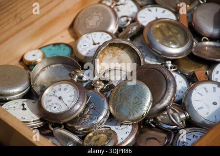 Old pocket watches from the flea market, close-up Stock Photo