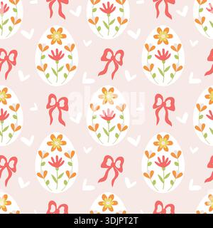 Seamless pattern with Easter eggs decorated with flowers, red bows, and hearts on a beige background. Cute holiday print for fabric, children's textiles, and gift packaging. Spring Easter decor. Stock Vector