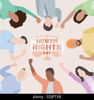 Top view of diverse people forming a circle around justice symbol, expressing solidarity, fairness, and collective strength for human rights. Stock Vector