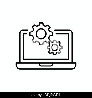 Black outline icon of a laptop with two gears, representing settings, development, or system processes on a white background. Stock Vector