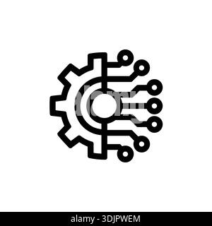 Black outline icon depicting a gear merging with a circuit board, symbolizing technology, engineering, and digital processes on a white background. Stock Vector